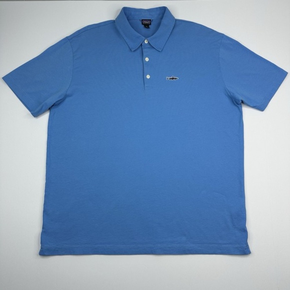 Patagonia Men Blue Fitz Roy Trout Organic Cotton Short Sleeve Polo Shirt L 52206